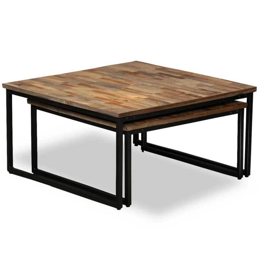 Ensemble de deux table basse en teck massif récupération marron et acier DEC031253 pour espace limité