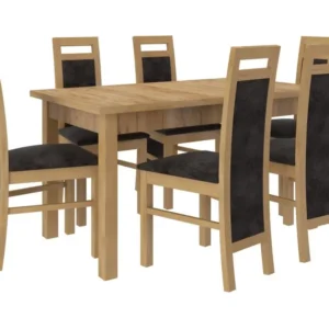 Ensemble table extensible 140-180cm et 6 chaises en bois de hêtre et tissu gris profond Mouka