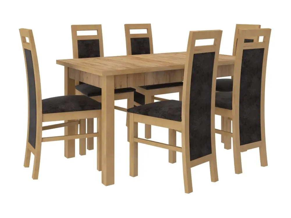 Ensemble table extensible 140-180cm et 6 chaises en bois de hêtre et tissu gris profond Mouka