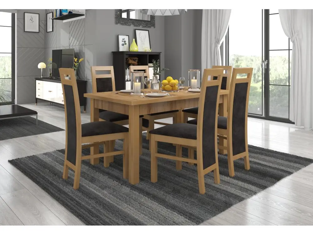 Ensemble table extensible 140-180cm et 6 chaises en bois de hêtre et tissu gris profond Mouka