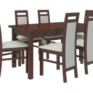 Ensemble table extensible 140-180cm et 6 chaises en bois Noyer foncé et tissu beige net Mouka avec plateau en chêne massif