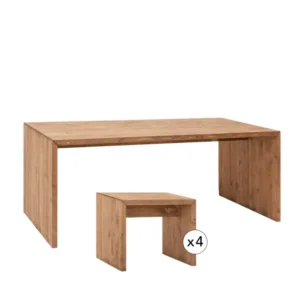 Ensemble table à manger + 4 tabourets bois de sapin vieilli 120x75cm