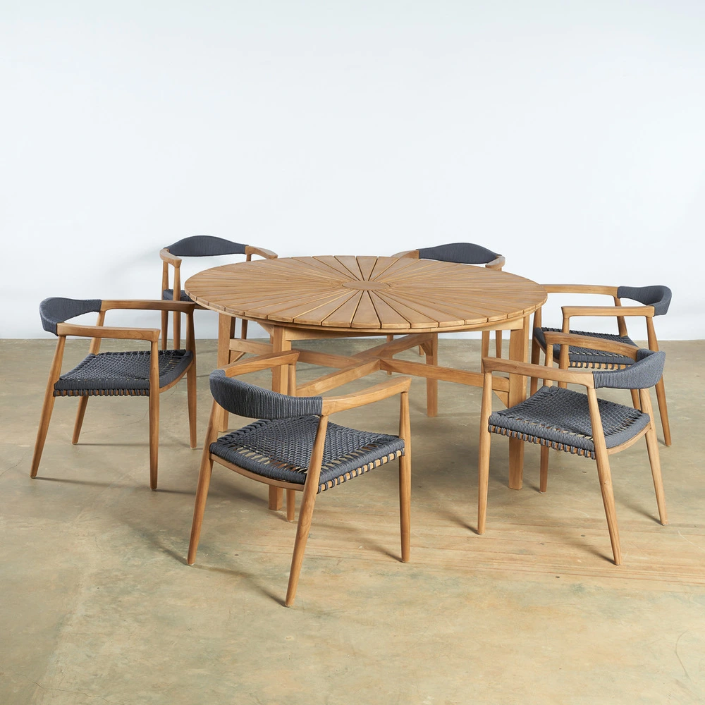 Ensemble table ronde en teck et 6 fauteuils en teck et corde avec tiroir à verrouillage