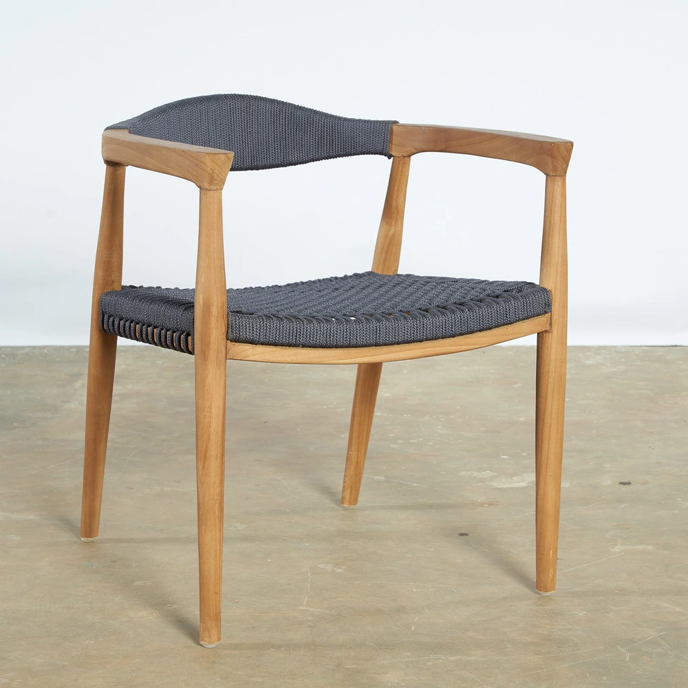 Ensemble table ronde en teck et 6 fauteuils en teck et corde avec tiroir à verrouillage