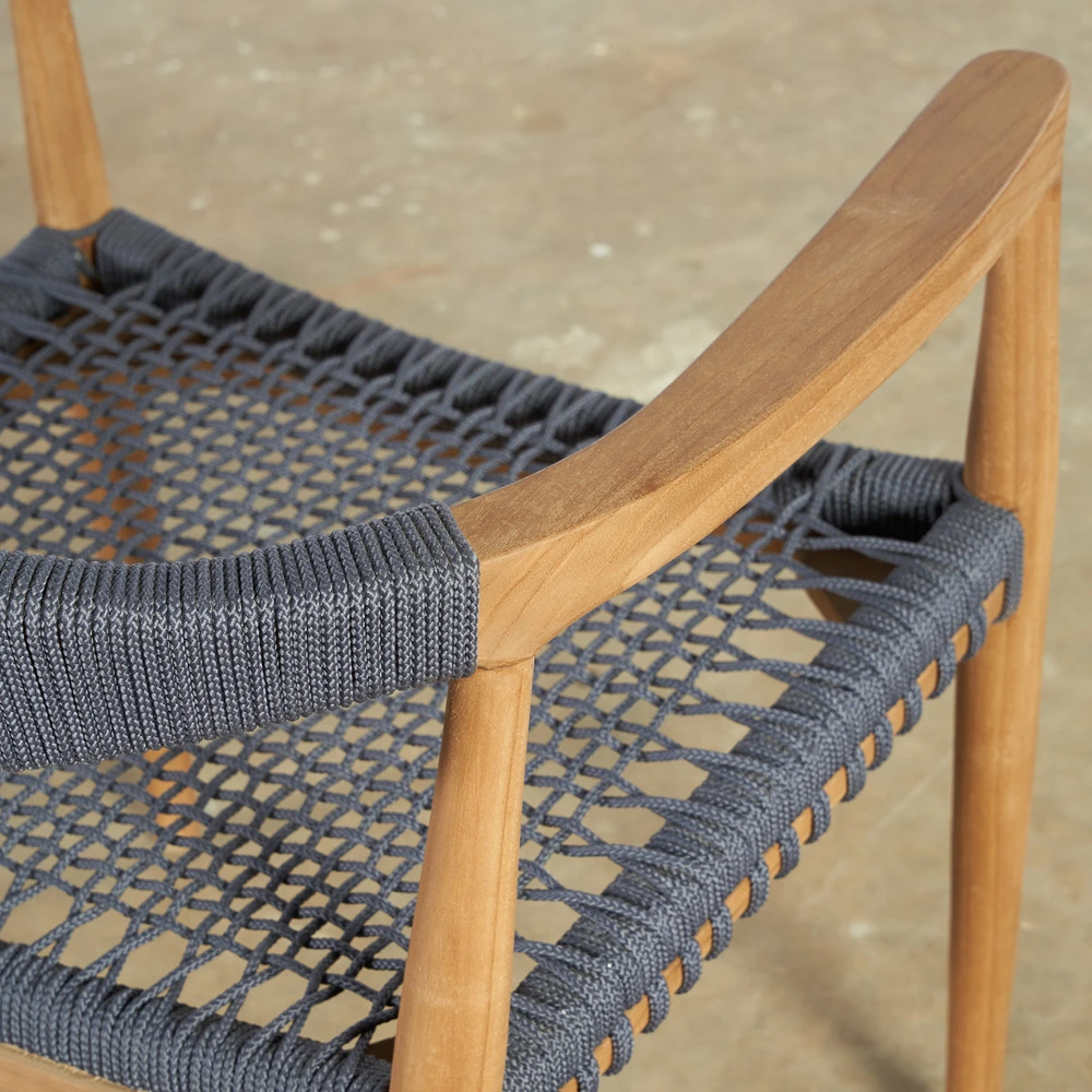 Ensemble table ronde en teck et 6 fauteuils en teck et corde avec tiroir à verrouillage