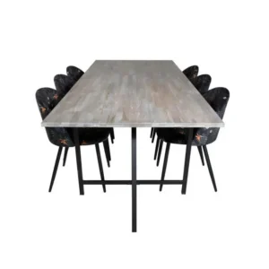 Jepara ensemble table, table teck et 6 Panne chaises Velours fleuri.