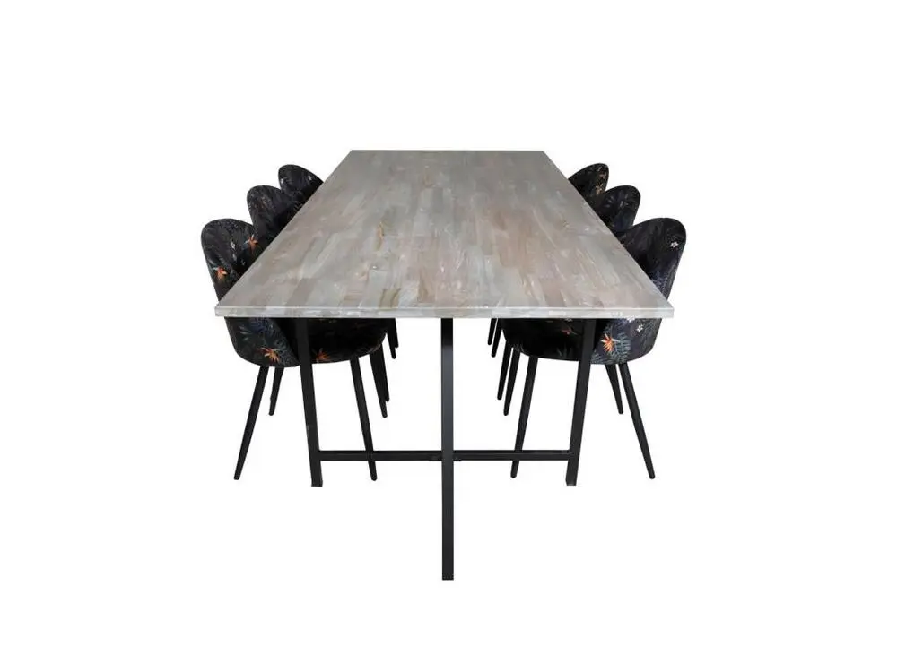 Jepara ensemble table, table teck et 6 Panne chaises Velours fleuri.