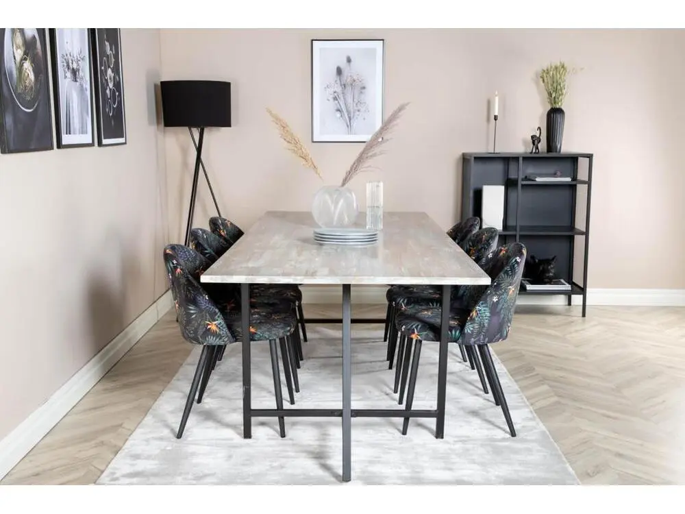 Jepara ensemble table, table teck et 6 Panne chaises Velours fleuri.