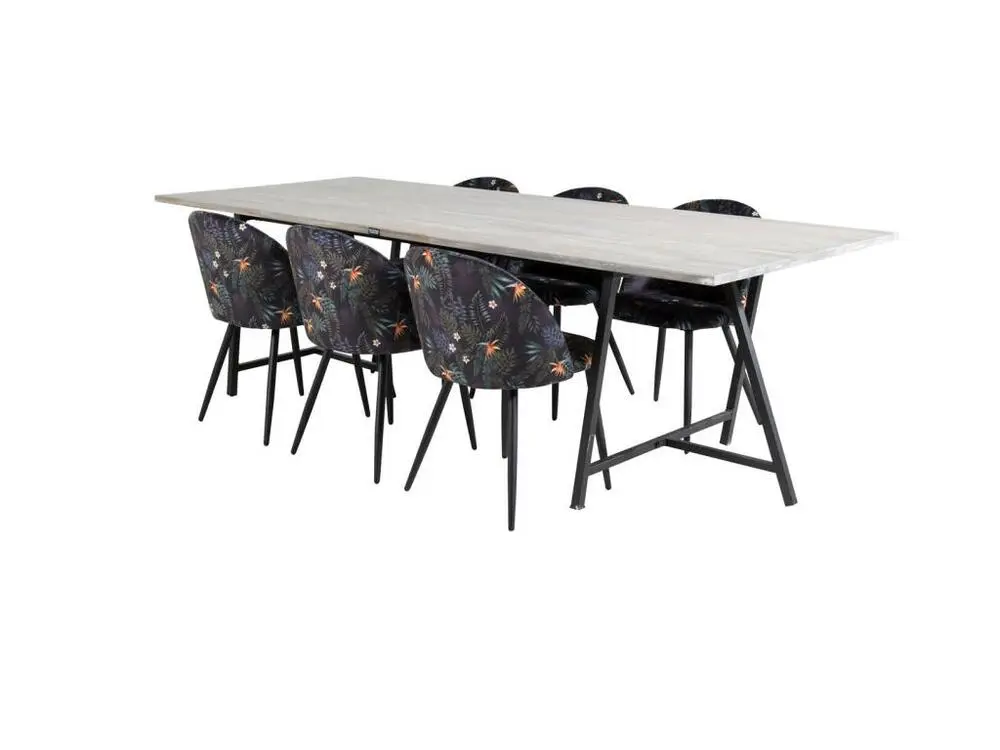 Jepara ensemble table, table teck et 6 Panne chaises Velours fleuri.