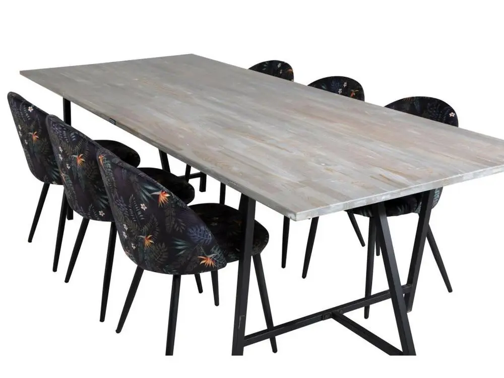 Jepara ensemble table, table teck et 6 Panne chaises Velours fleuri.