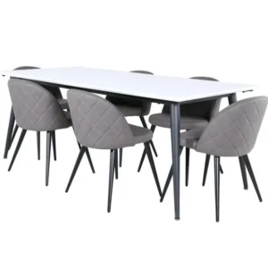 Jimmy195 ensemble table, table extensible longueur cm195 / 285 blanc et 6 En velours Stitches chaises gris.