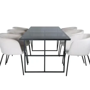 Leif ensemble table, table enfumé verre et 6 Berit chaises Velours sable. pour télétravail