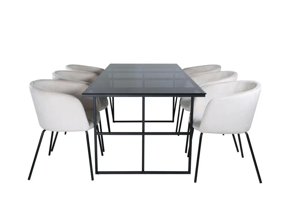 Leif ensemble table, table enfumé verre et 6 Berit chaises Velours sable. pour télétravail