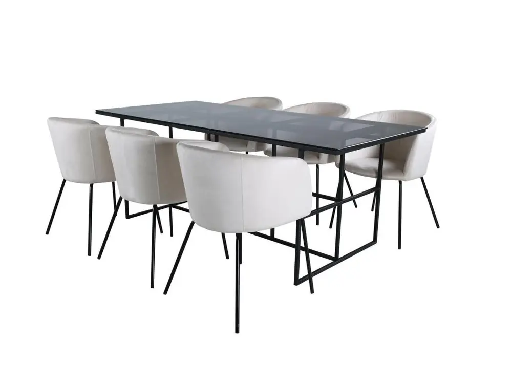 Leif ensemble table, table enfumé verre et 6 Berit chaises Velours sable. pour télétravail