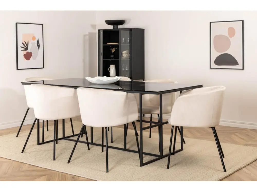 Leif ensemble table, table enfumé verre et 6 Berit chaises Velours sable. pour télétravail