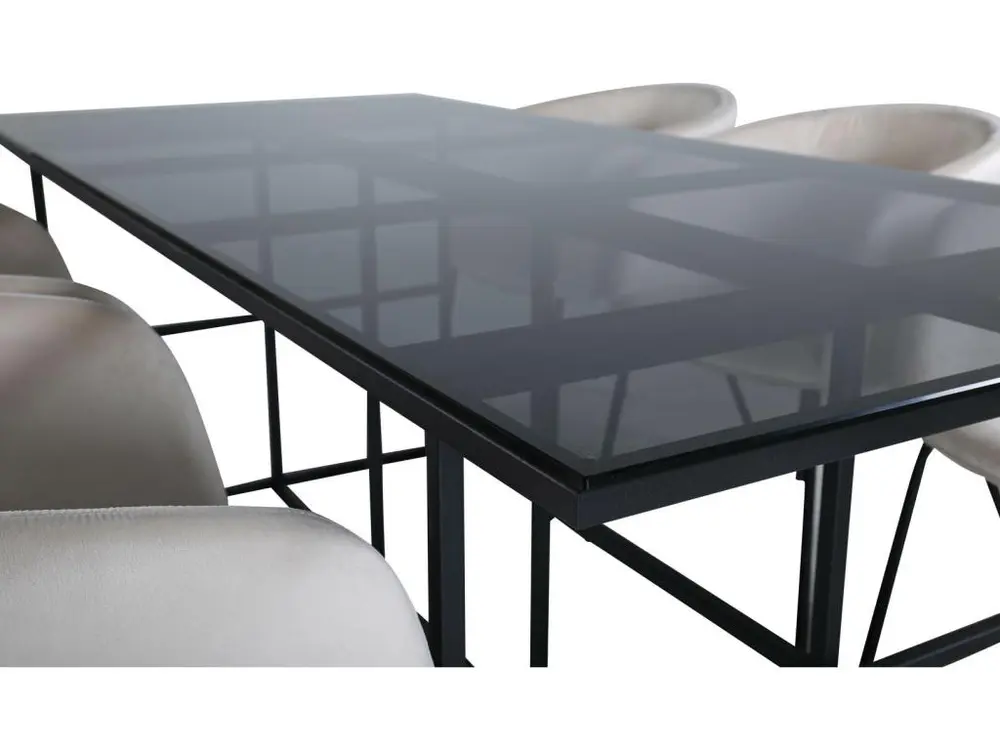 Leif ensemble table, table enfumé verre et 6 Berit chaises Velours sable. pour télétravail
