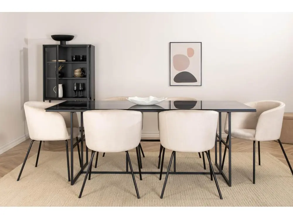 Leif ensemble table, table enfumé verre et 6 Berit chaises Velours sable. pour télétravail