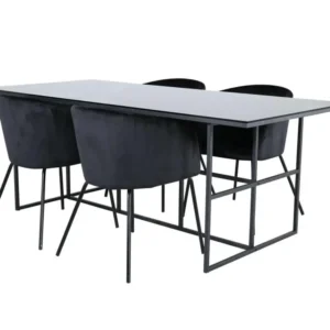 Leif ensemble table, table enfumé verre et 4 Berit chaises Velours noir. avec mécanisme à manivelle