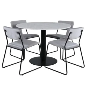 Mobilier de Bureau Premium EstelleØ106WHBL ensemble table, table blanc, marbre et 4 Kenth chaises Velours gris.
