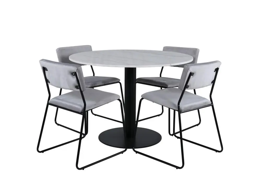 Mobilier de Bureau Premium EstelleØ106WHBL ensemble table, table blanc, marbre et 4 Kenth chaises Velours gris.