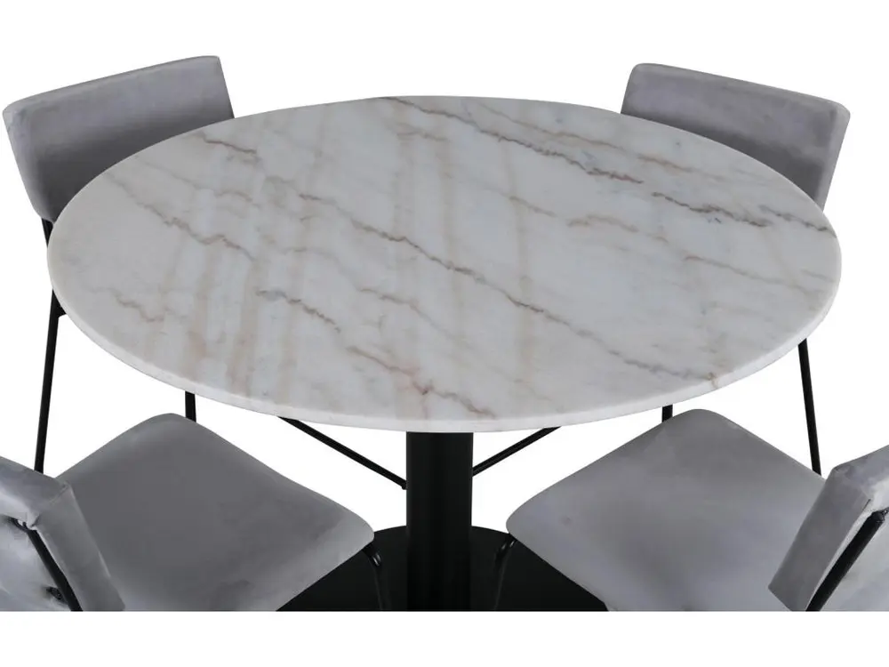 Mobilier de Bureau Premium EstelleØ106WHBL ensemble table, table blanc, marbre et 4 Kenth chaises Velours gris.