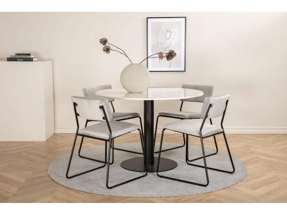 Mobilier de Bureau Premium EstelleØ106WHBL ensemble table, table blanc, marbre et 4 Kenth chaises Velours gris.