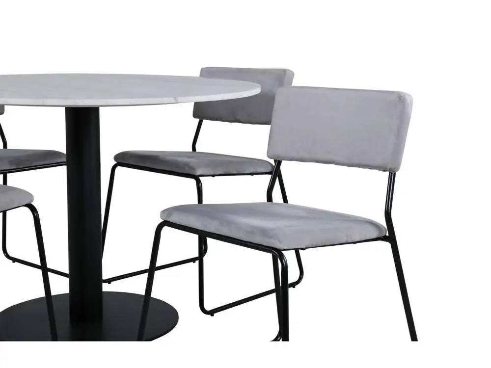 Mobilier de Bureau Premium EstelleØ106WHBL ensemble table, table blanc, marbre et 4 Kenth chaises Velours gris.