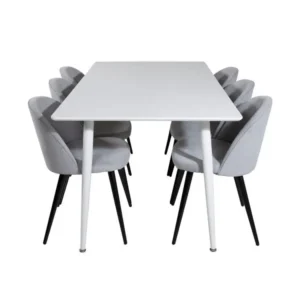 Polar180X90WHWH ensemble table, table blanc et 6 Tissu doux chaises Velours côtelé grisclair, noir. avec certificat PEFC