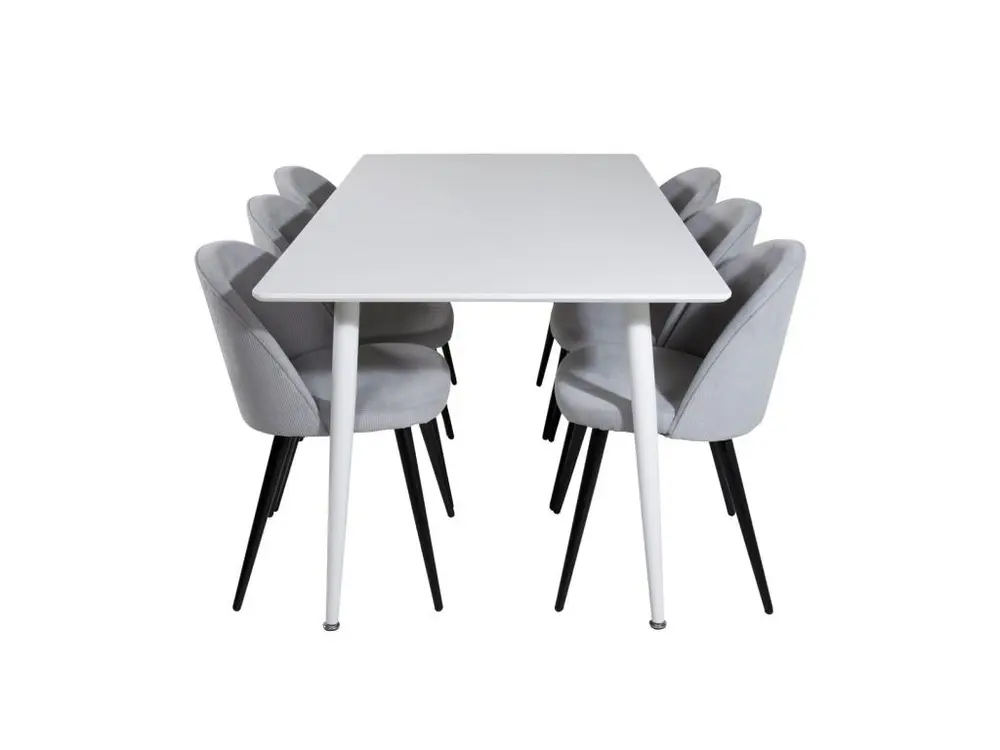 Polar180X90WHWH ensemble table, table blanc et 6 Tissu doux chaises Velours côtelé grisclair, noir. avec certificat PEFC