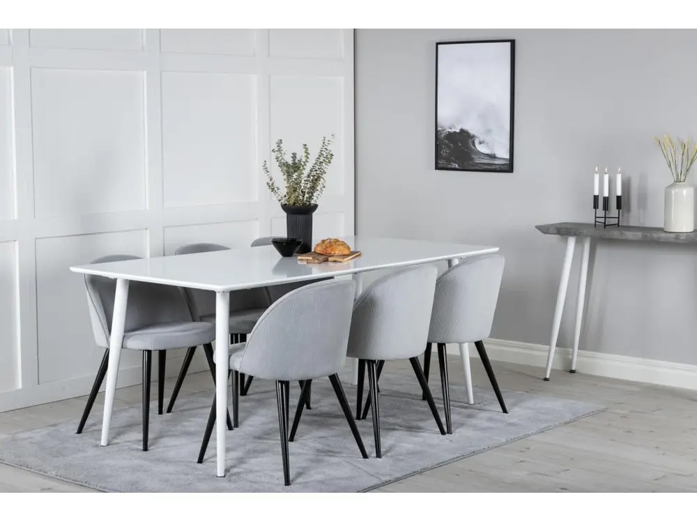Polar180X90WHWH ensemble table, table blanc et 6 Tissu doux chaises Velours côtelé grisclair, noir. avec certificat PEFC