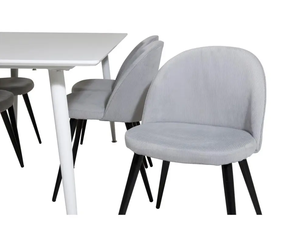 Polar180X90WHWH ensemble table, table blanc et 6 Tissu doux chaises Velours côtelé grisclair, noir. avec certificat PEFC