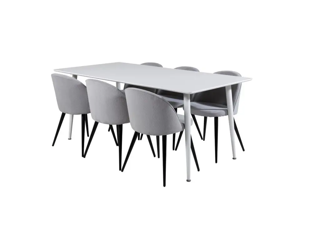 Polar180X90WHWH ensemble table, table blanc et 6 Tissu doux chaises Velours côtelé grisclair, noir. avec certificat PEFC
