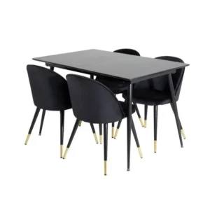 SilarBLExt ensemble table, table extensible longueur cm120 / 160 noir et 4 Tissu doux chaises Velours noir, laiton décor....