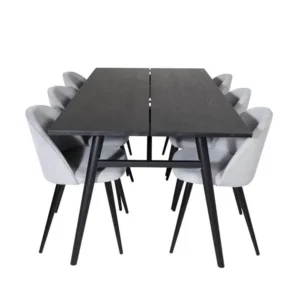 Sleek ensemble table, table extensible longueur cm195 / 280 noir et 6 Panne chaises Velours côtelé grisclair, noir. - Haut...