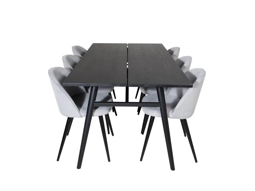 Sleek ensemble table, table extensible longueur cm195 / 280 noir et 6 Panne chaises Velours côtelé grisclair, noir. - Haut...