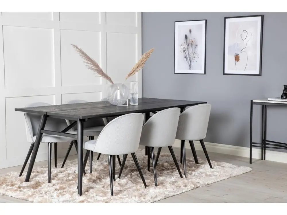 Sleek ensemble table, table extensible longueur cm195 / 280 noir et 6 Panne chaises Velours côtelé grisclair, noir. - Haut...