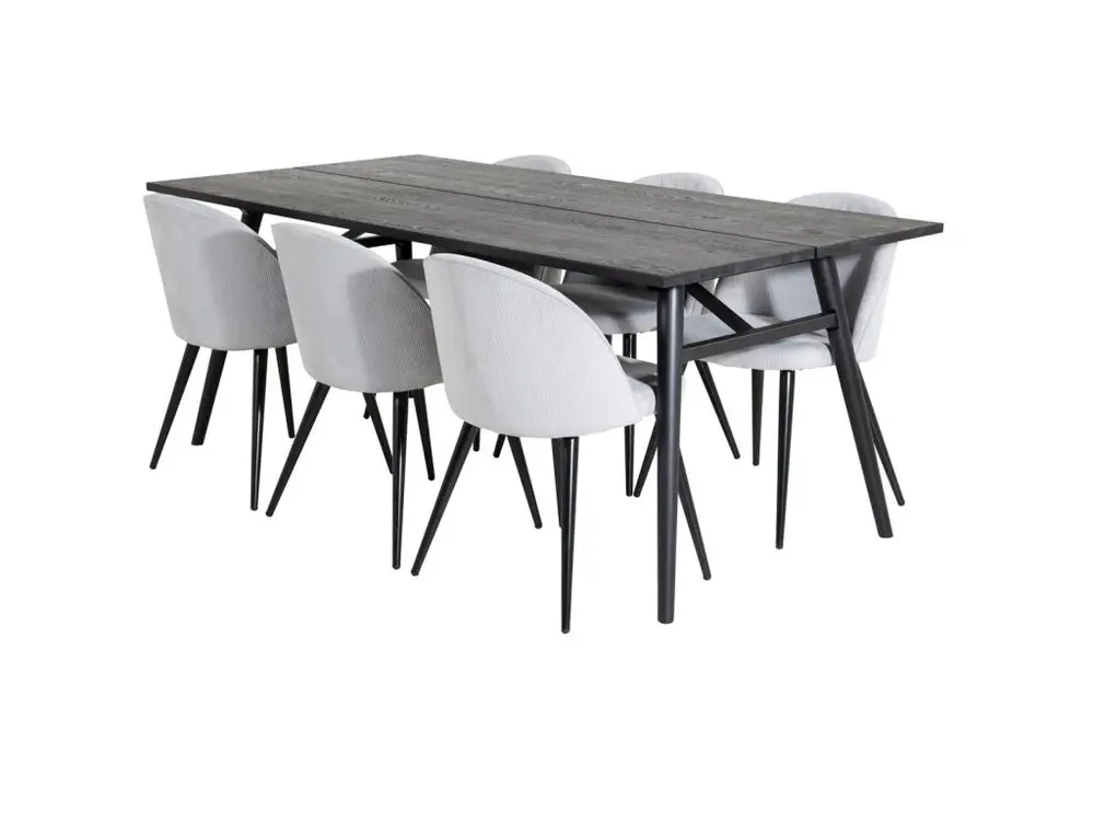 Sleek ensemble table, table extensible longueur cm195 / 280 noir et 6 Panne chaises Velours côtelé grisclair, noir. - Haut...