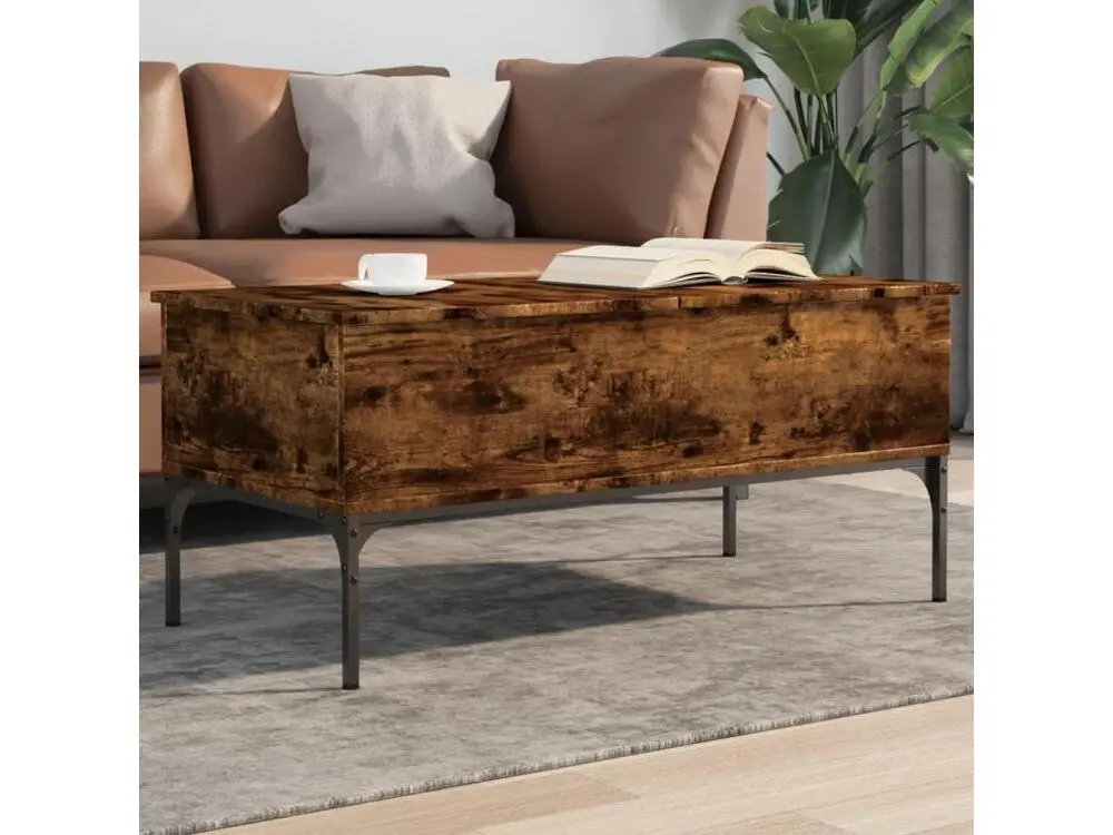 Table avec passe-câbles Table basse chêne fumé 100x50x45 cm bois d'ingénierie et métal