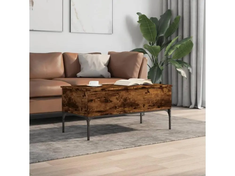 Table avec passe-câbles Table basse chêne fumé 100x50x45 cm bois d'ingénierie et métal