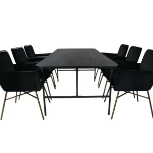 Table avec passe-câbles UnoBL ensemble table, table noir et 6 Pippi chaises Velours noir.