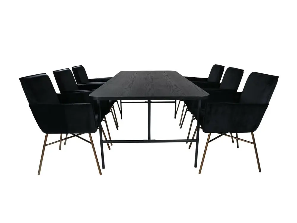 Table avec passe-câbles UnoBL ensemble table, table noir et 6 Pippi chaises Velours noir.