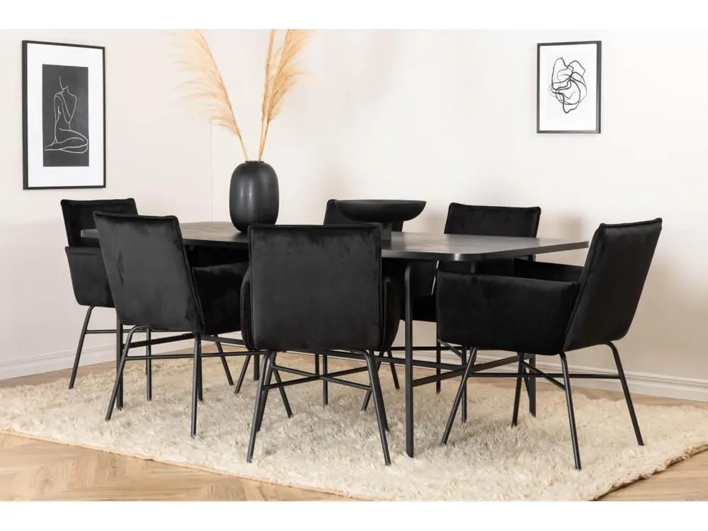 Table avec passe-câbles UnoBL ensemble table, table noir et 6 Pippi chaises Velours noir.