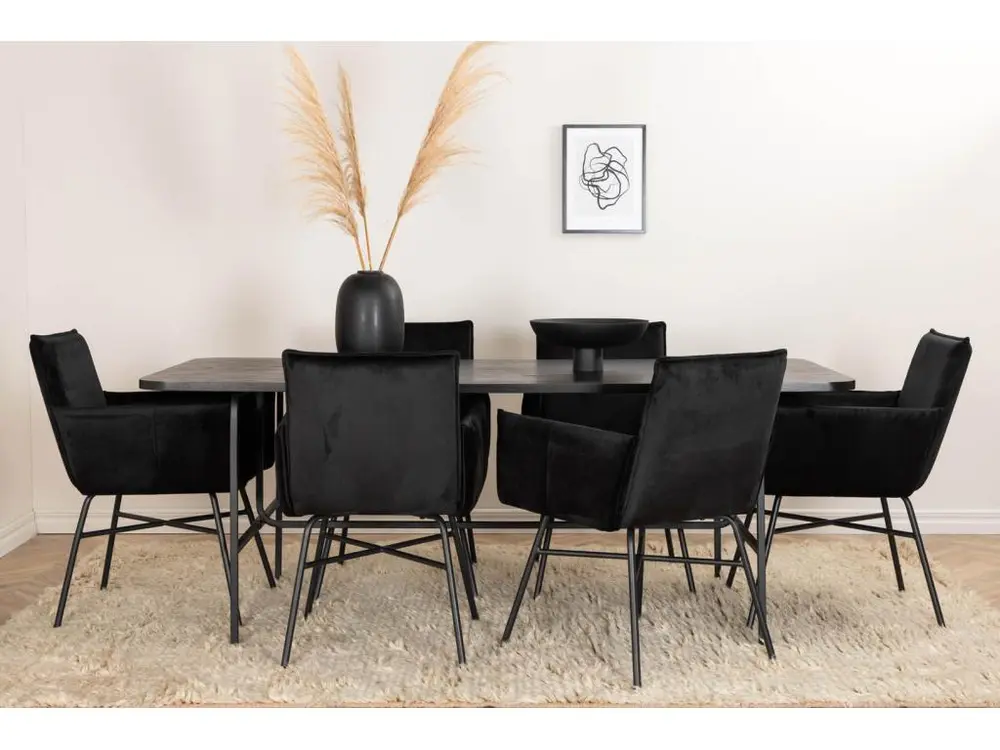 Table avec passe-câbles UnoBL ensemble table, table noir et 6 Pippi chaises Velours noir.