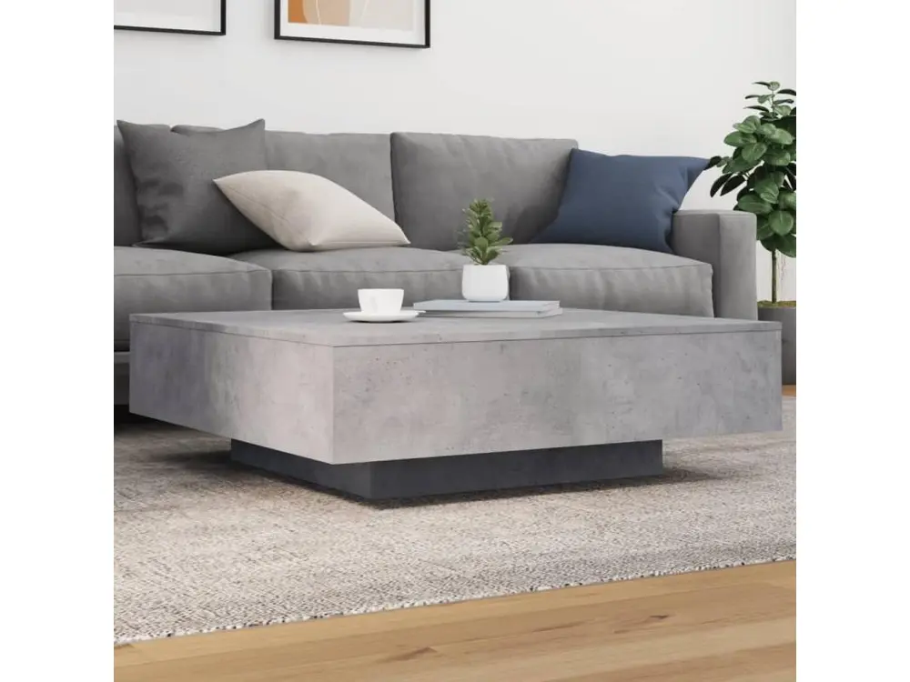 Table basse avec lumières LED gris béton 100x100x31 cm avec plateau en chêne massif