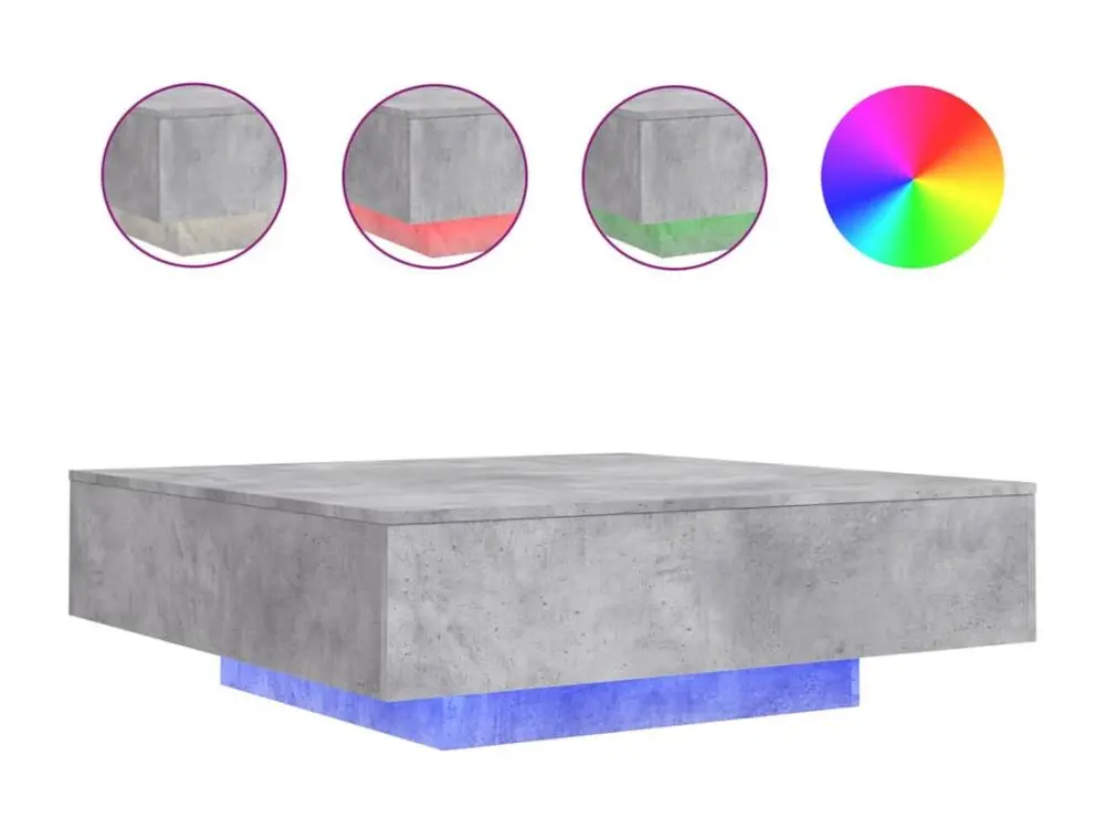 Table basse avec lumières LED gris béton 100x100x31 cm avec plateau en chêne massif