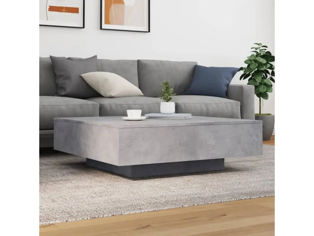Table basse avec lumières LED gris béton 100x100x31 cm avec plateau en chêne massif