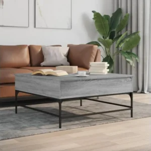 Table basse sonoma gris 95x95x45 cm bois d'ingénierie et métal avec tiroir à verrouillage