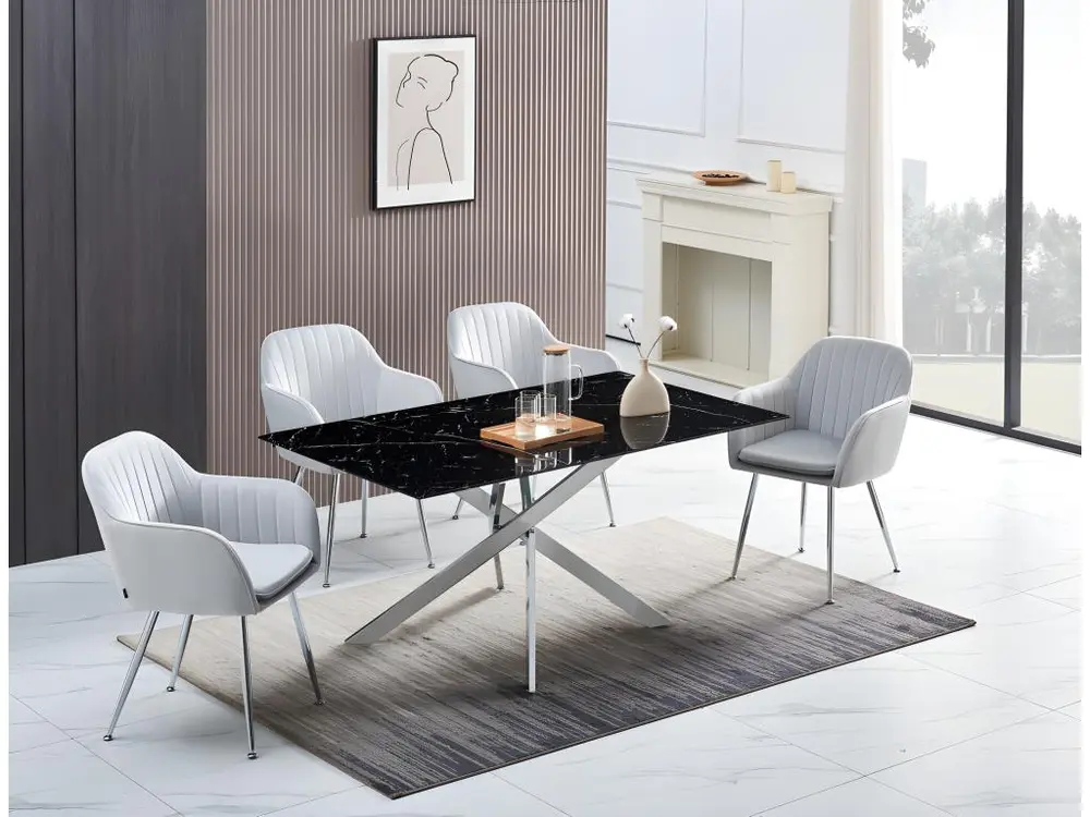 Table à manger jessica verre effet marbré noir 150x90cm - Hauteur Réglable
