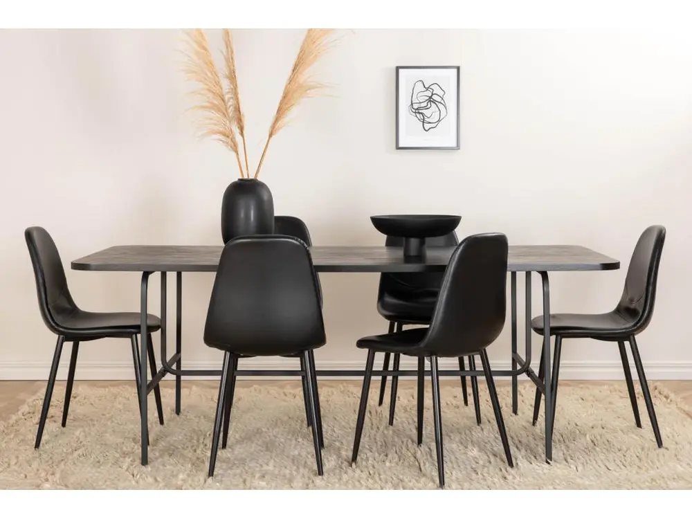 UnoBL ensemble table, table noir et 6 Polar chaises Similicuir PU noir. dimensions 120 x 60 cm
