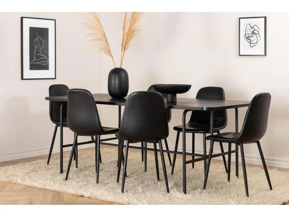UnoBL ensemble table, table noir et 6 Polar chaises Similicuir PU noir. dimensions 120 x 60 cm